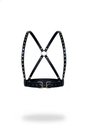Black Faux Leather Studded Chest Harness Women X-Back O-Ring