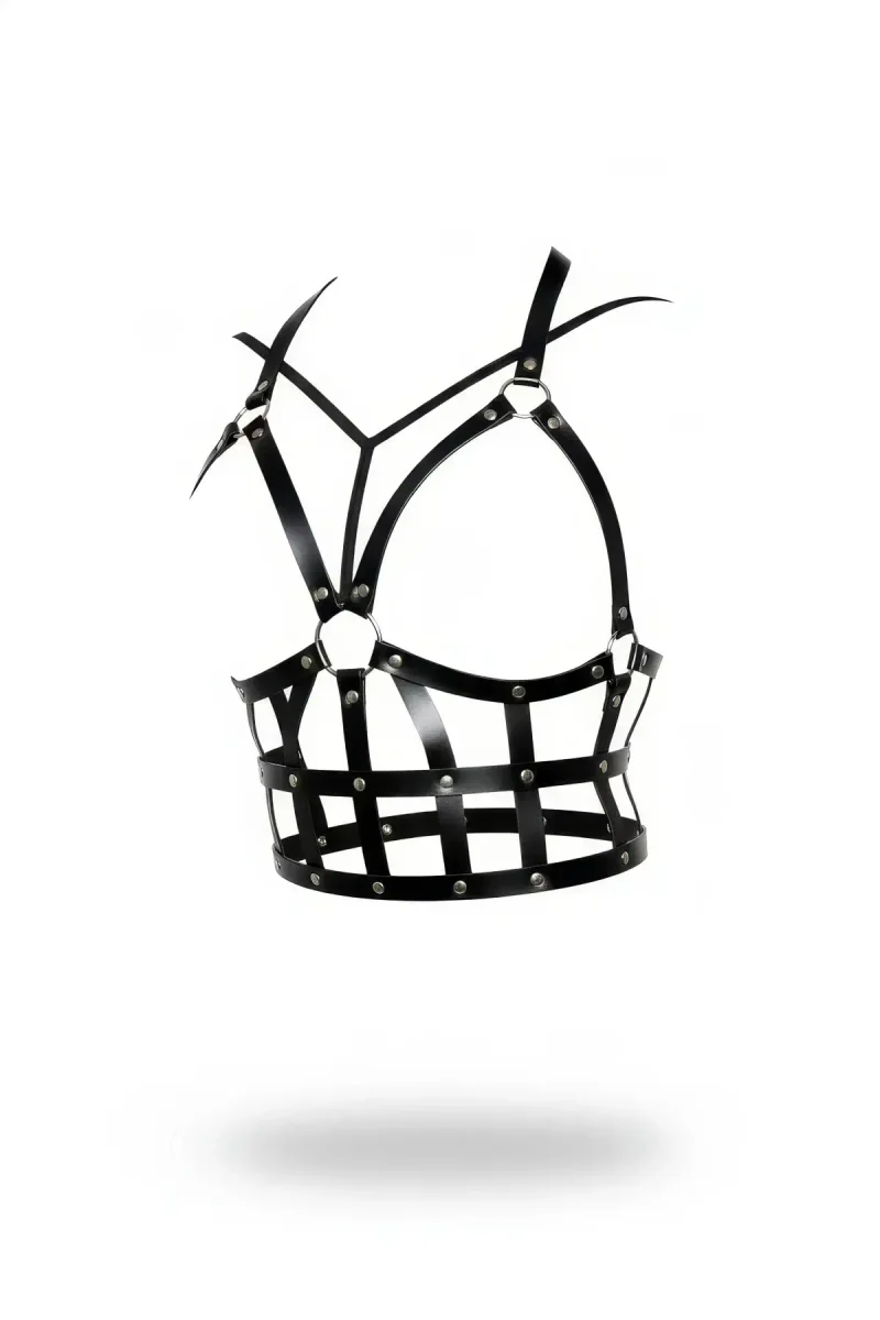 Black Faux Leather Studded Cage Harness Bustier Top