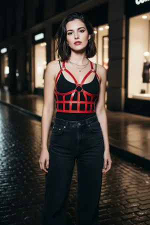Red Faux Leather Caged Chest Harness O-Ring Detail