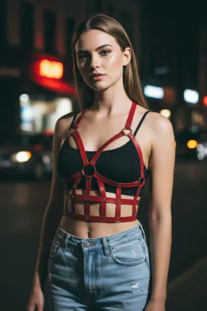 Red Faux Leather Caged Chest Harness O-Ring Detail