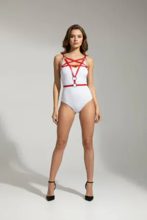 Red Faux Leather Cross-Strap Body Harness Lingerie with Silver O-Rings