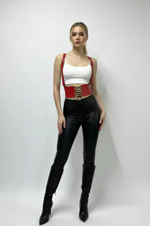 Red Faux Leather Waist Cincher Harness Corset Adjustable Straps