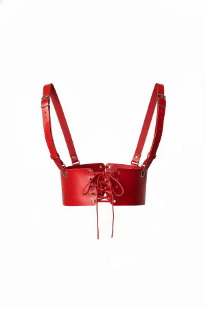 Red Faux Leather Underbust Harness with Lace-Up Front and Adjustable Shoulder Straps