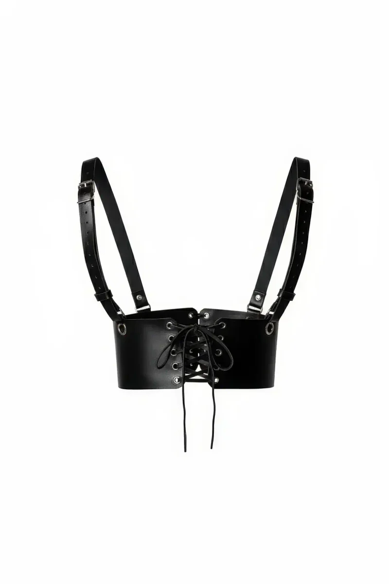 Black Faux Leather Underbust Cincher Harness Front Lacing Detail