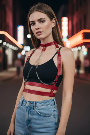 Crimson Faux Leather Body Harness with Choker and Draped Silver Chains