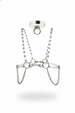 Clear PVC Studded Body Harness & O-Ring Choker Set with Silver Chains