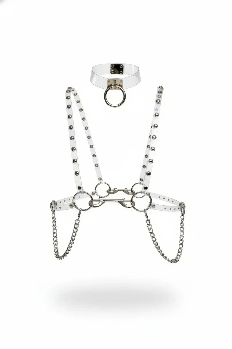 Clear PVC Studded Body Harness & O-Ring Choker Set with Silver Chains