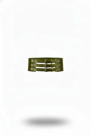 Khaki Faux Leather Waist Belt Triple Buckle Straps Silver Studs