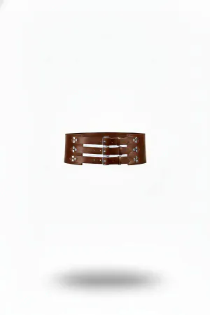Brown Faux Leather Triple Buckle Waspie Waist Harness Flat Lay