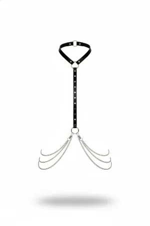 Black Faux Leather Choker Body Harness with Cascading Silver Chains