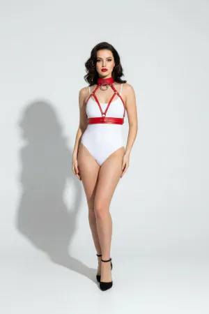 Kırmızı Kadın Kemer Deri Malzemeli Göğüs Ve Yaka Detaylı - APFT841