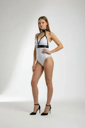 Black Faux Leather Chest Harness with O-Ring Choker Adjustable Straps
