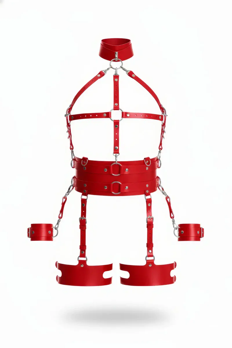 Red Faux Leather Full Body Harness with Neck Collar and Detachable Cuffs