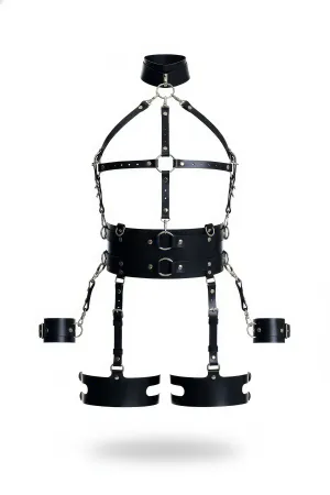 Black Vegan Leather Full Body Harness with Neck Collar, Cuffs, Chains
