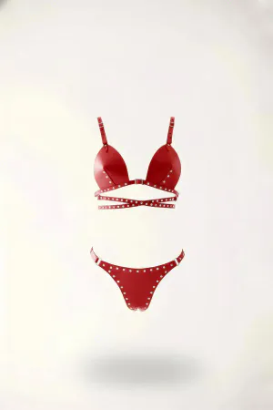 Red Studded Faux Leather Harness Bralette and Thong Set