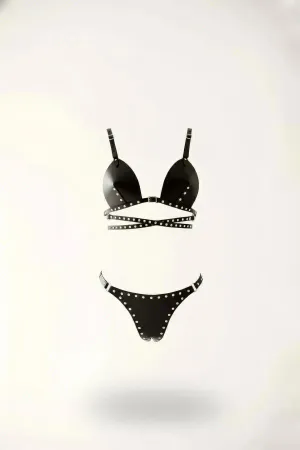 Black Studded Faux Leather Bra and Thong Harness Set with Silver Hardware