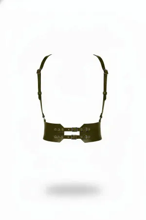 Olive Vegan Leather Underbust Harness Double Buckle Waist Cincher with Shoulder Straps