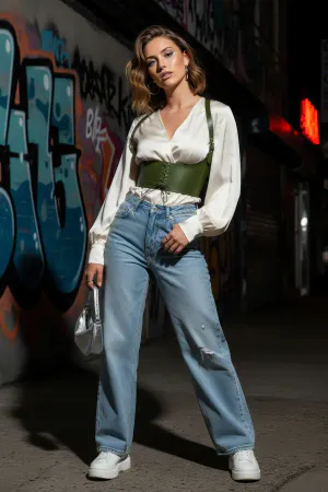 Haki Kadın Kemer Bağcıklı Korse Detaylı Geniş Bel - APFT855