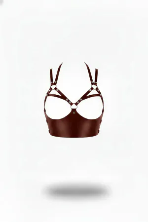 Claret Brown Faux Leather Underbust Harness Bra with Silver O-Rings and Straps