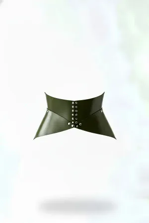 Studded Faux Leather Waist Cinch Harness Olive Green Contoured Panels