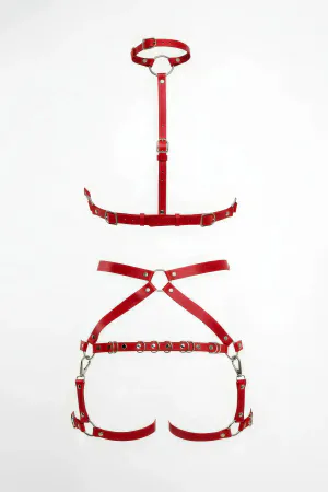 Red Vegan Leather Full Body Harness O-Ring Garter Set