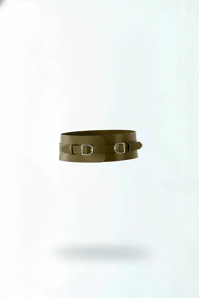 Khaki Faux Leather Wide Waist Cinch Harness with Dual D-Ring Buckles
