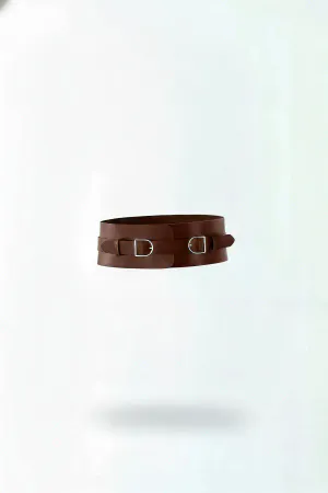 Brown Faux Leather Wide Waist Belt with Double Silver D-Ring Buckles