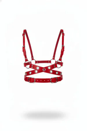 Red Faux Leather Chest Harness Women Adjustable Straps Silver O-Rings