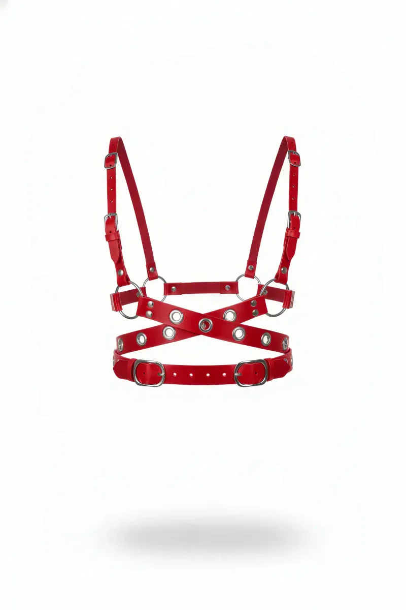 Red Faux Leather Chest Harness Women Adjustable Straps Silver O-Rings