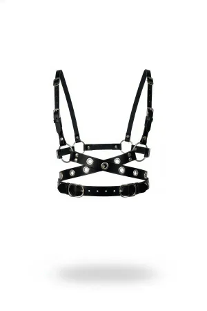 Black Faux Leather X-Cross Grommeted Chest Harness with Silver Hardware
