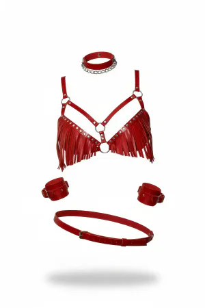 Red Fringed Harness Bra Set Vegan Leather with Choker Cuffs and Belt