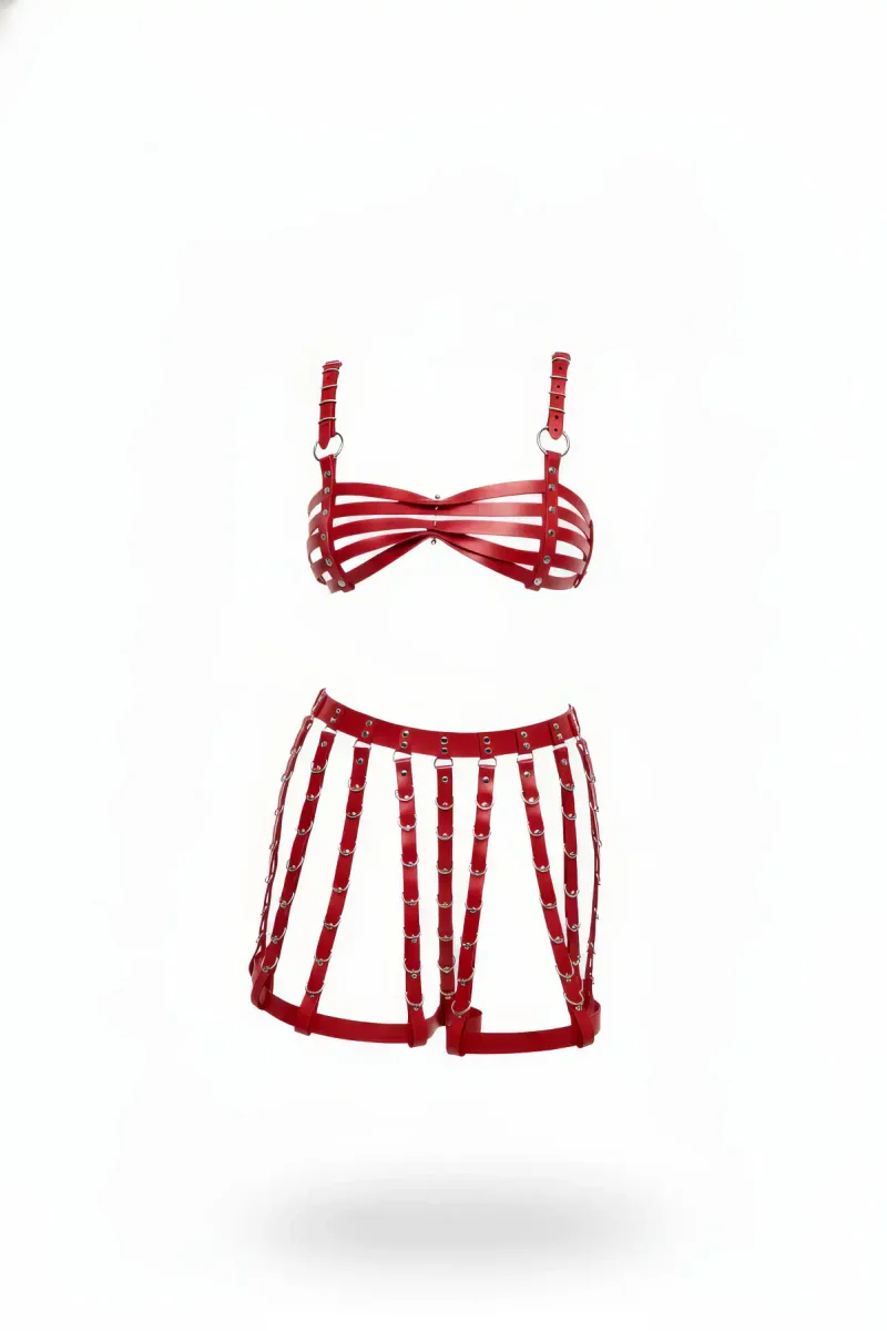 Kırmızı Suni Deri Bantlı Bralet ve Mini Etek Takımı, Ayarlanabilir Tokalı