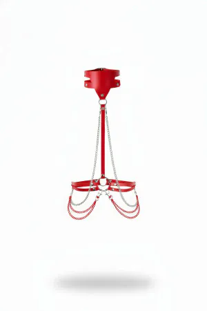 Red Faux Leather Neck and Underbust Harness with Silver and Red Chains