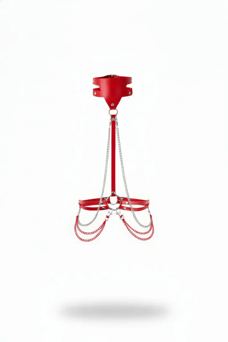 Red Faux Leather Neck and Underbust Harness with Silver and Red Chains