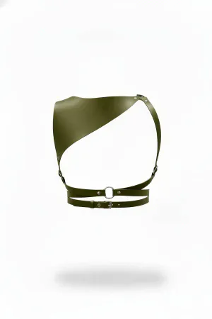 Olive Asymmetrical Faux Leather Body Harness with Sculpted Panel