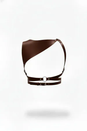 Dark Brown Faux Leather Asymmetrical Shoulder Panel Body Harness with Silver O-Ring