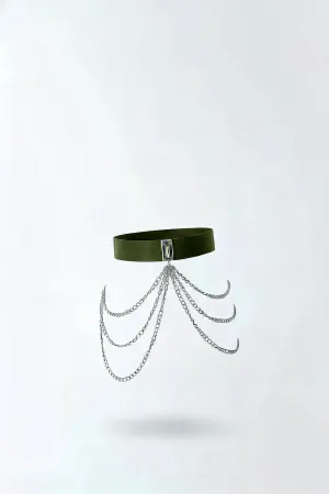 Khaki Faux Leather Waist Harness Draped Silver Chains