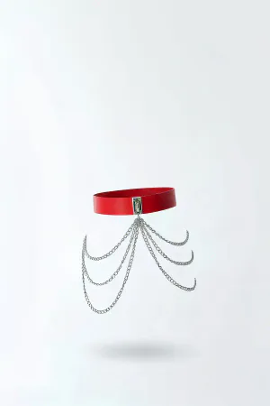 Red Faux Leather Waist Belt with Draping Silver Body Chains