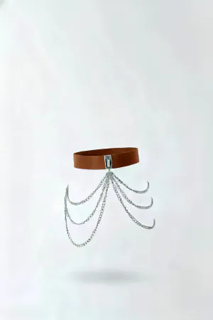 Tan Faux Leather Waist Harness Draped Silver Chains Adjustable Buckle