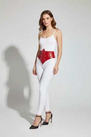 Red Faux Leather Studded Wide Waist Corset Belt on model