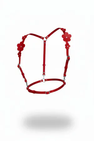 Red Floral Faux Leather Body Harness with Silver Hardware and Adjustable Straps