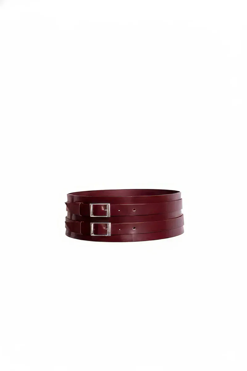 Bordo çift tokalı geniş deri bel kemeri