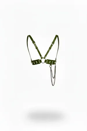 Khaki Faux Leather Chest Harness with Silver Studs and Draped Chain