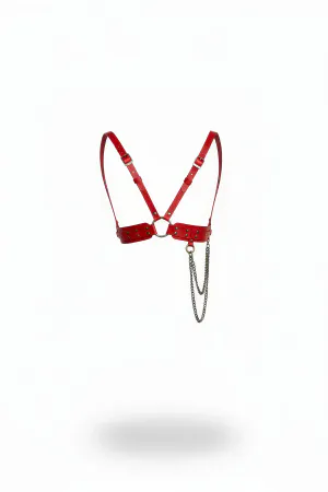 Red Faux Leather Chest Harness with Studs and Silver Chain Detail