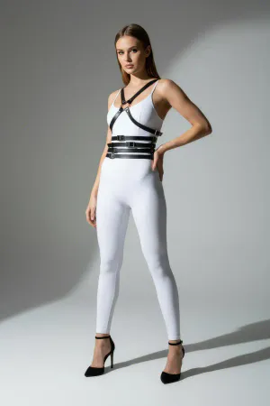 Black Multi-Strap Faux Leather Body Harness Women Silver O-Rings