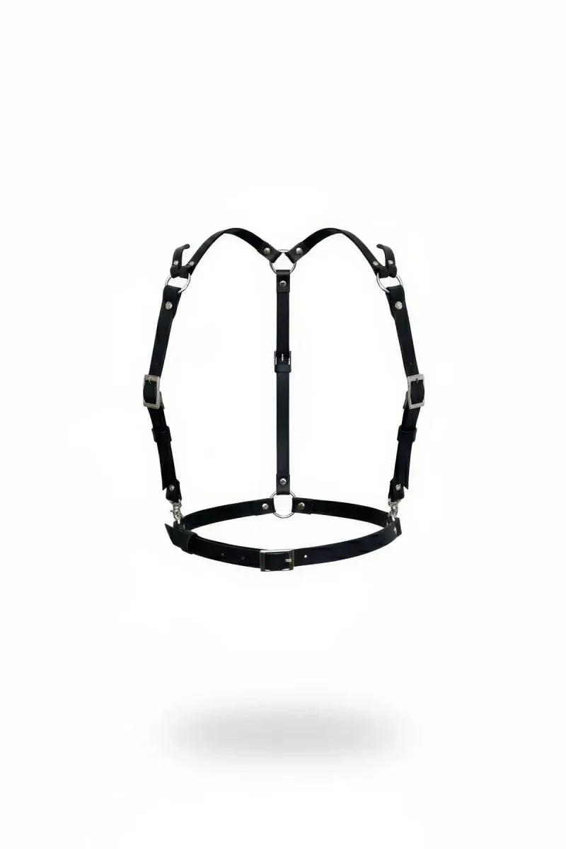 Black Faux Leather Chest Harness Women Adjustable Straps O-Ring Detail
