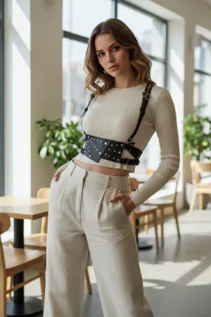 Black Studded Waist Bag Harness Women Faux Leather Suspenders