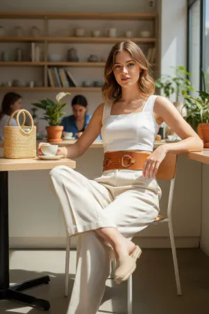 Wide Tan Vegan Leather Waist Belt with Gold O-Ring Buckle on a model