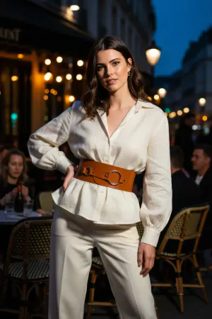 Wide Tan Vegan Leather Waist Belt with Gold O-Ring Buckle on a model