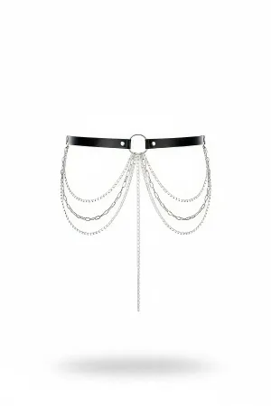 Black Vegan Leather Waist Harness with Layered Silver Chains and O-Ring